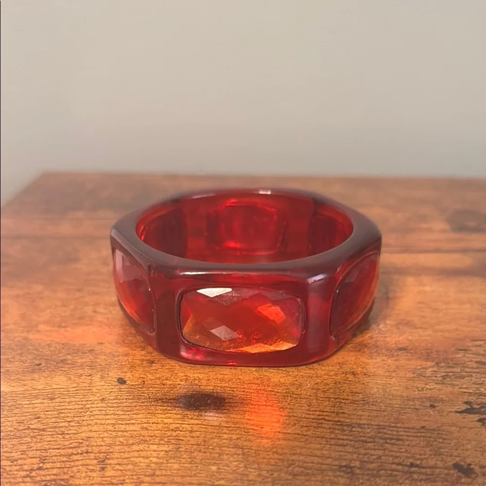 Vintage Plastic Bangle Bracelet with Large Gemstones, Red, Faceted, Retro, Boho